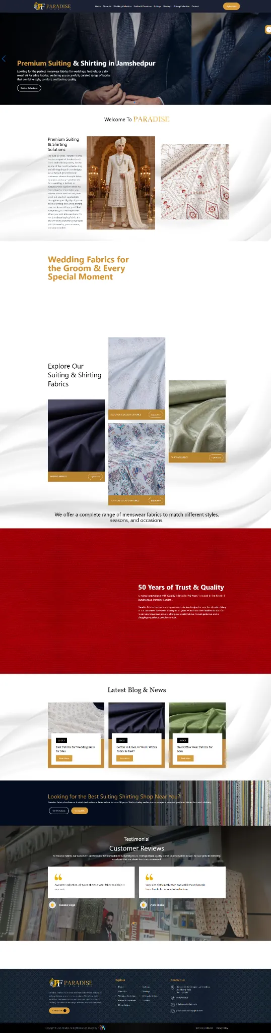 Paradise Fabrics suiting and shirting website homepage